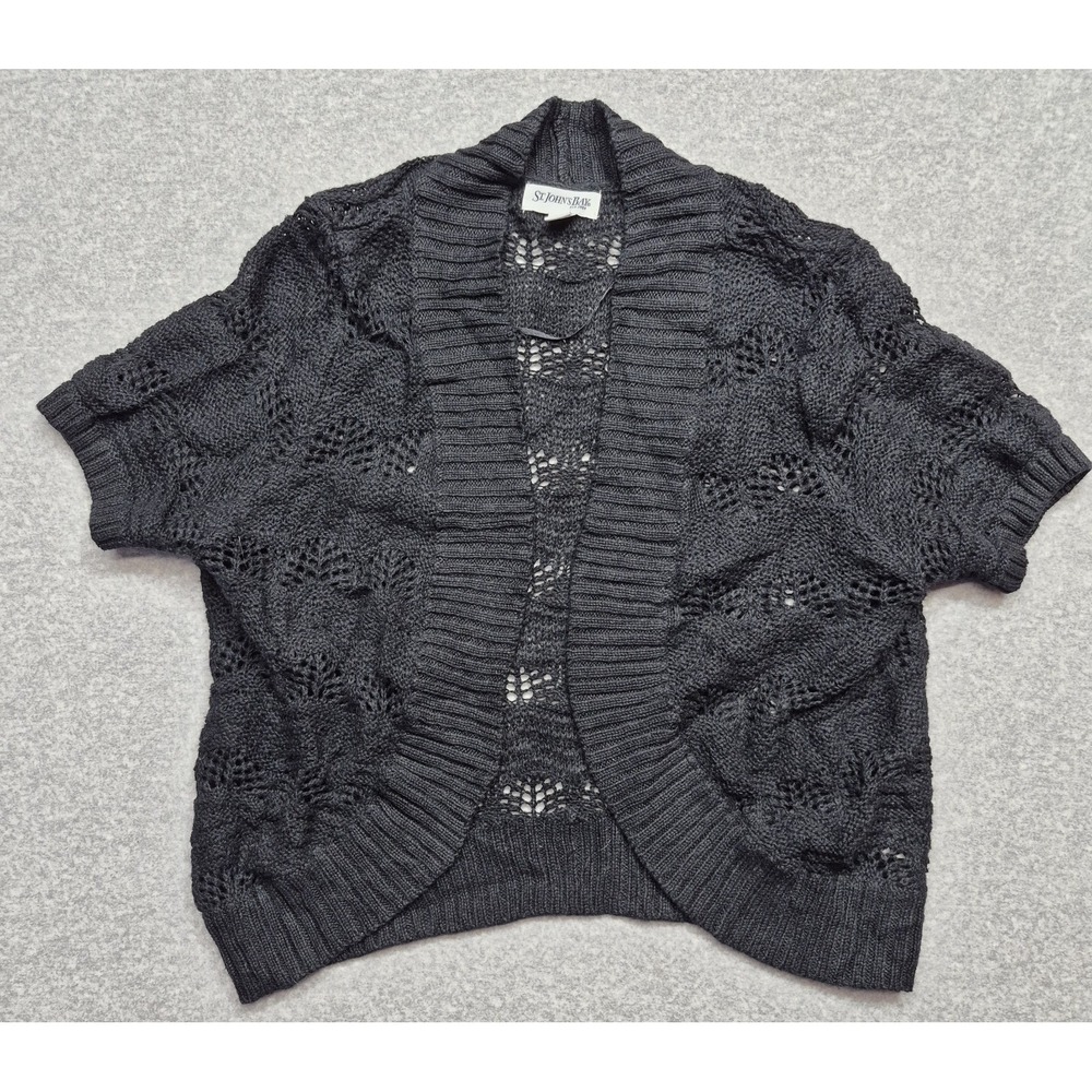 St. John's Bay Cardigan Sweater Women L Large Black Short Sleeve Open Front Knit